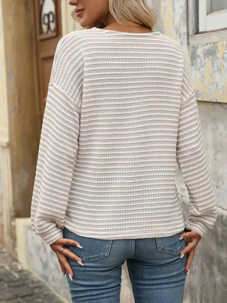 Striped V - Neck Button Front Casual Top - Update AvenueT-ShirtsTrendsi100100967984580100100967984580dcdac874c9ca4767a26180beadd55187 - Max - OriginApricot