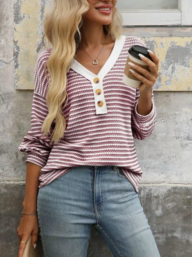 Striped V - Neck Button Front Casual Top - Update AvenueT-ShirtsTrendsi100100967984705100100967984705aa53fea2414a46a2b1625e319aa035a6 - Max - OriginWine Red