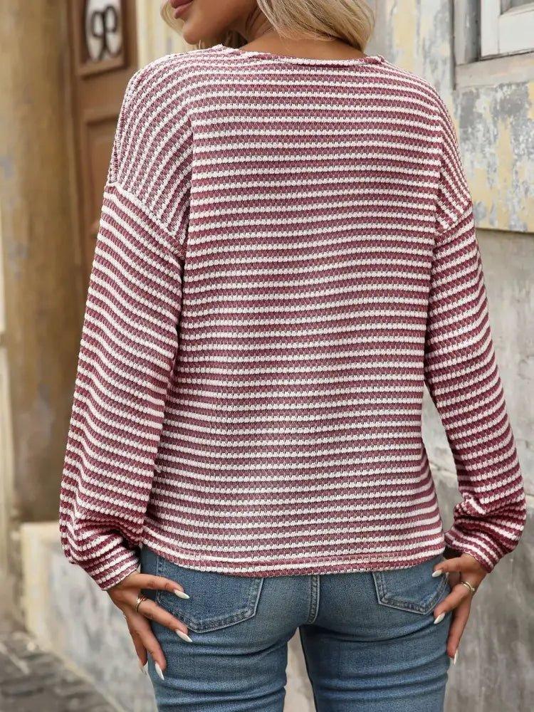 Striped V - Neck Button Front Casual Top - Update AvenueT-ShirtsTrendsi1001009679847051001009679847053a78fa996221475ebb8701eaeeb1dc00 - Max - OriginWine Red