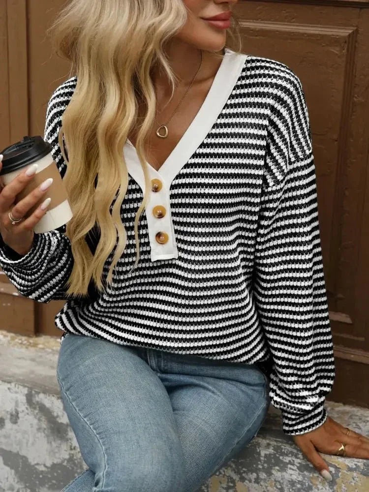 Striped V - Neck Button Front Casual Top - Update AvenueT-ShirtsTrendsi10010096798504510010096798504500ed4c9834f8438183c6ccf7fdce663a - Max - OriginBlack