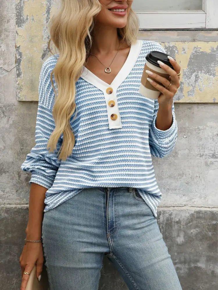 Striped V - Neck Button Front Casual Top - Update AvenueT-ShirtsTrendsi10010096798972210010096798972206024434b6dc4c429fa97011f27a9604 - Max - OriginSky Blue