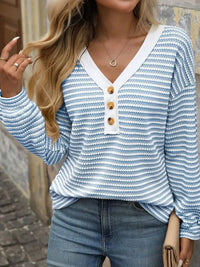 Striped V - Neck Button Front Casual Top - Update AvenueT-ShirtsTrendsi100100967989722100100967989722d5eedf2fbce34aa8afe725fbc8f4d242 - Max - OriginSky Blue