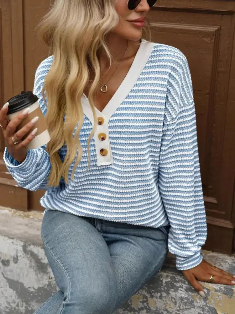 Striped V - Neck Button Front Casual Top - Update AvenueT-ShirtsTrendsi1001009679897221001009679897228cf9bfd089fd456590fde628c32f2550 - Max - OriginSky Blue