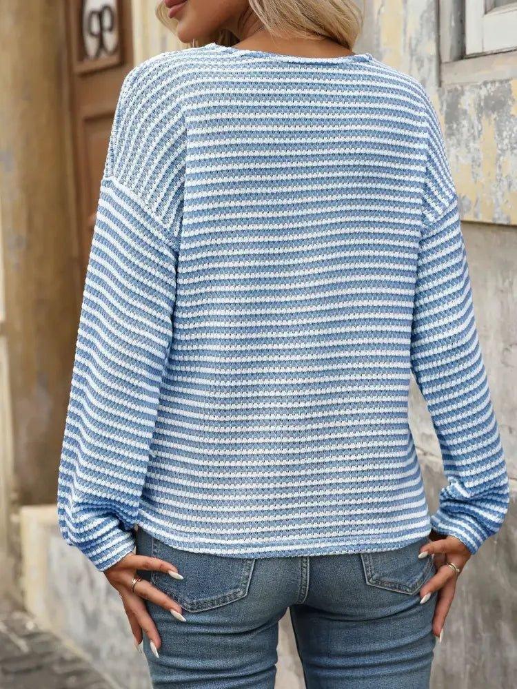 Striped V - Neck Button Front Casual Top - Update AvenueT-ShirtsTrendsi1001009679897221001009679897228c2de57d718d4fe58e7075af3c223d9e - Max - OriginSky Blue