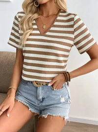 Striped V - Neck Short Sleeve T-Shirt - Update AvenueT-ShirtsTrendsi1001002012517251001002012517251e695b21 - 9f86 - 41ee - 88b0 - c92499b9de35 - Max - OriginCamel