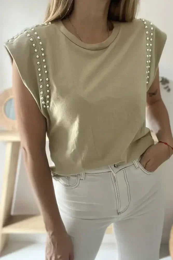 Studded Cap Sleeve Round Neck T Shirt - Update AvenueT-ShirtsTrendsi10010014502708810010014502708840213e33 - 3769 - 4ff2 - af10 - 9fa5c0e75c6f - Max - OriginKhaki