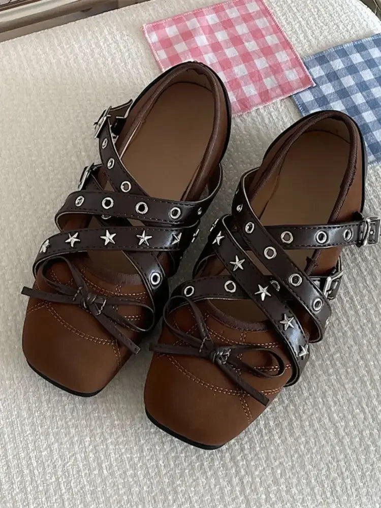 Studded Strappy Bow Slip-Ons