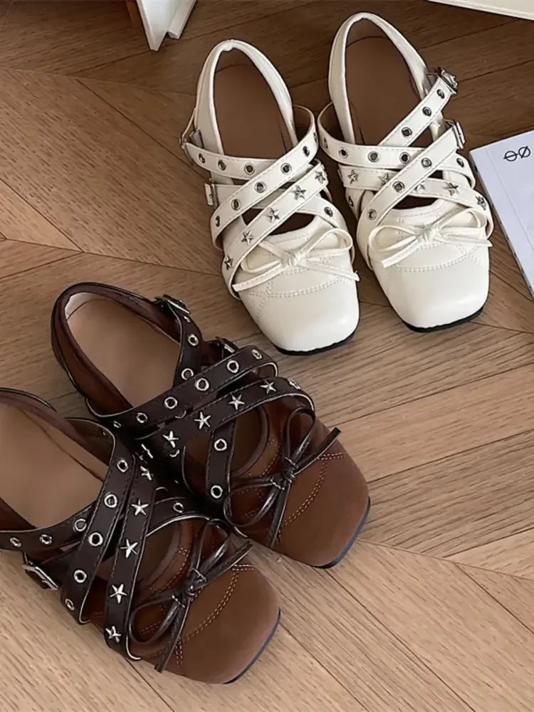 Studded Strappy Bow Slip-Ons