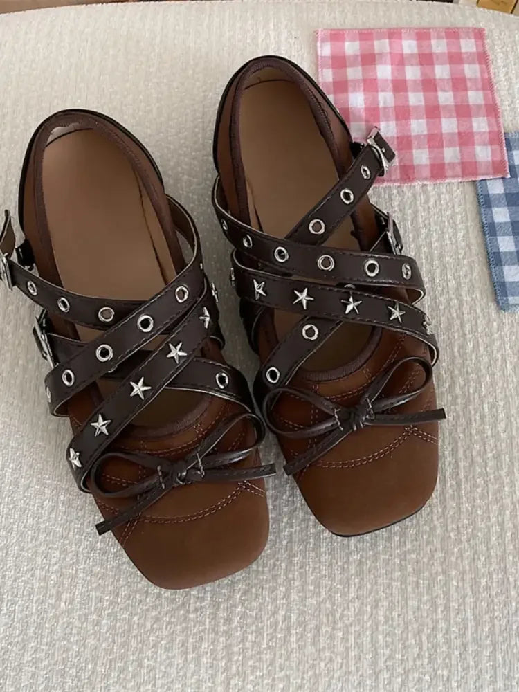 Studded Strappy Bow Slip-Ons