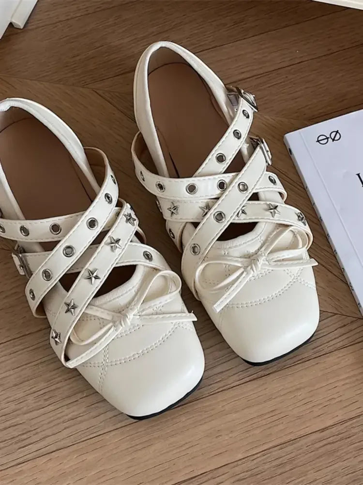 Studded Strappy Bow Slip-Ons