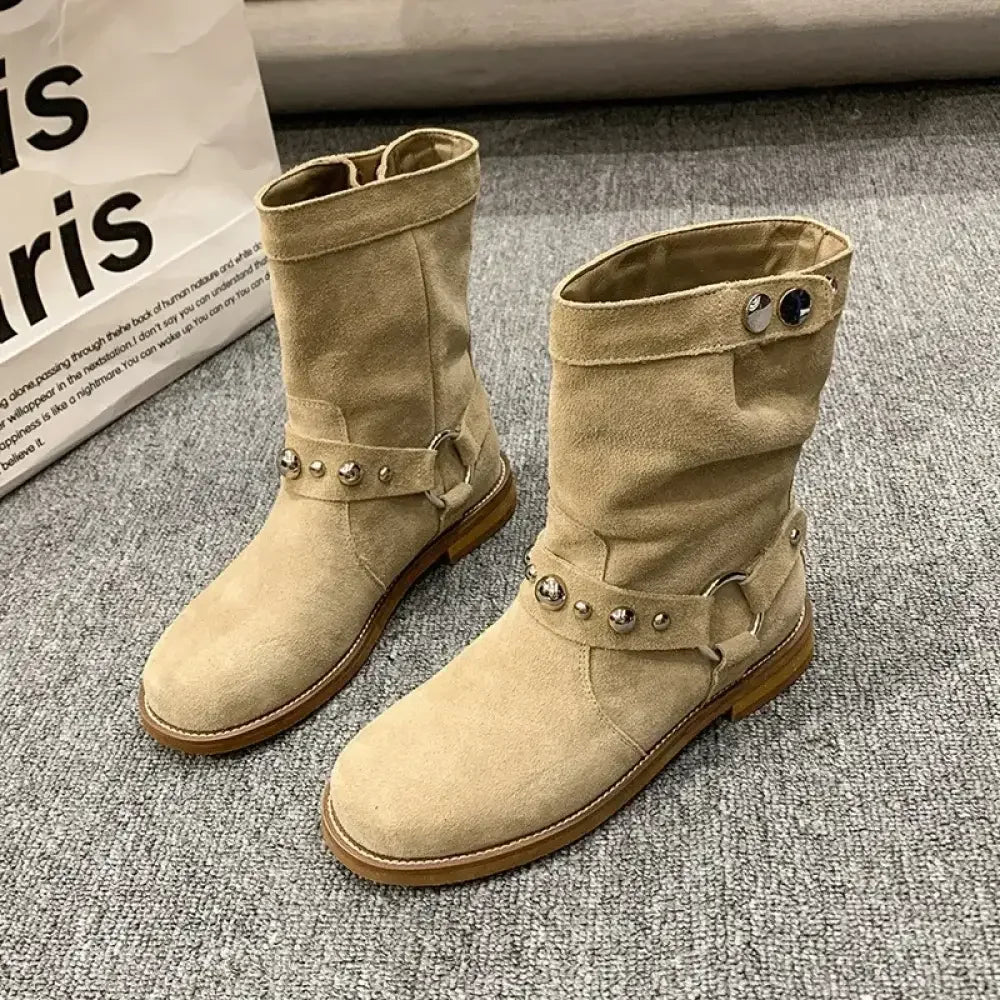 Studded Suede Mid-Calf Harness Boots