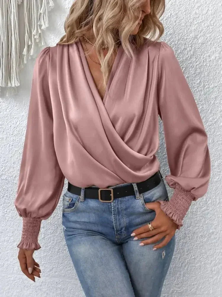Surplice Smocked Lantern Sleeve Blouse - Update AvenueTrendsi100101420282295100101420282295ba397519628d4d77b5c2fc4b77fa1d9f - MaxLight Mauve