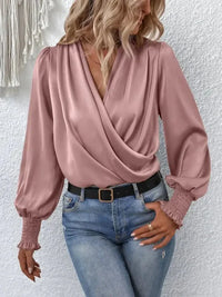 Surplice Smocked Lantern Sleeve Blouse - Update AvenueTrendsi100101420282295100101420282295ba397519628d4d77b5c2fc4b77fa1d9f - MaxLight Mauve