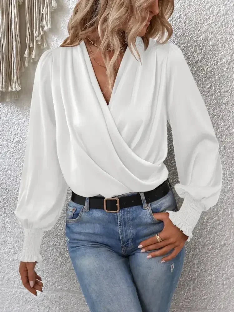 Surplice Smocked Lantern Sleeve Blouse - Update AvenueTrendsi100101420285927100101420285927a577cd9ead4d49c48bcaea33289493c2 - MaxWhite