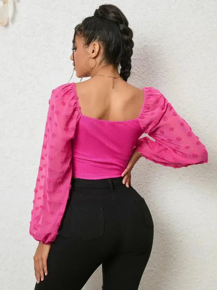 Swiss Dot Drawstring Cropped Blouse - Update AvenueTrendsi100101670191124100101670191124966103ecebf64616a849fe0ea40eac6e - MaxHot Pink