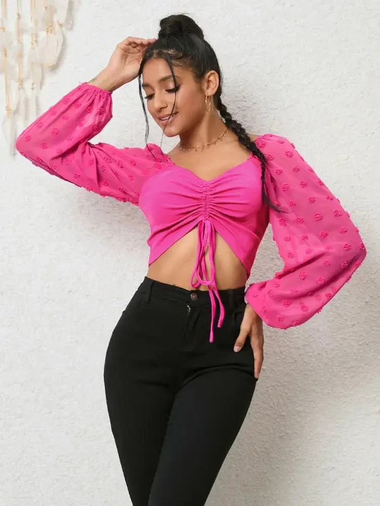 Swiss Dot Drawstring Cropped Blouse - Update AvenueTrendsi100101670191124100101670191124a57e9d6afe7943309bb28b25b2357f9d - MaxHot Pink