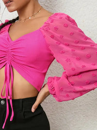 Swiss Dot Drawstring Cropped Blouse - Update AvenueTrendsi100101670191124100101670191124b4a5c30f25a04d21aa21c1164839f750 - MaxHot Pink