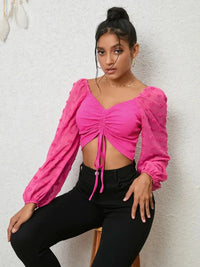 Swiss Dot Drawstring Cropped Blouse - Update AvenueTrendsi100101670191124100101670191124eedbeea2254e49e6bcecfb70ce7cab7c - MaxHot Pink