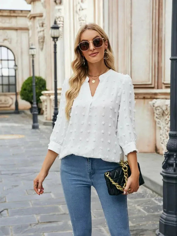 Swiss Dot Notched Neck Blouse - Update AvenueTrendsi100101352092933100101352092933d442e63ac57b4600ac3c92d2ebe77945 - MaxWhite
