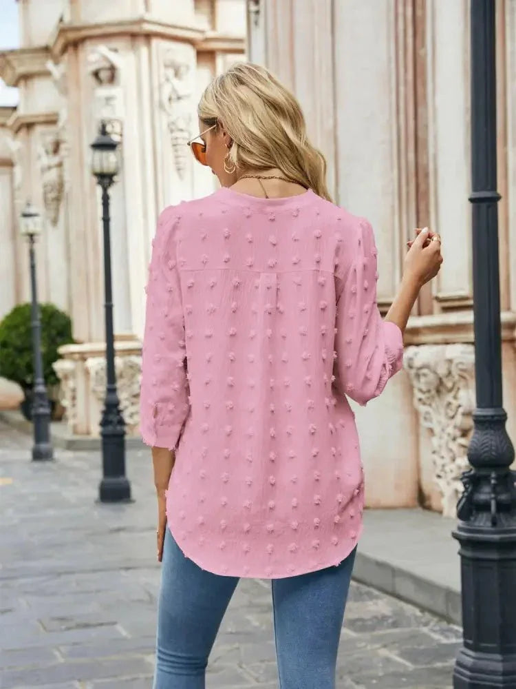 Swiss Dot Notched Neck Blouse - Update AvenueTrendsi100101352094046100101352094046c2b30aa20bbd466e8594a5a7f84841e4 - MaxCarnation Pink