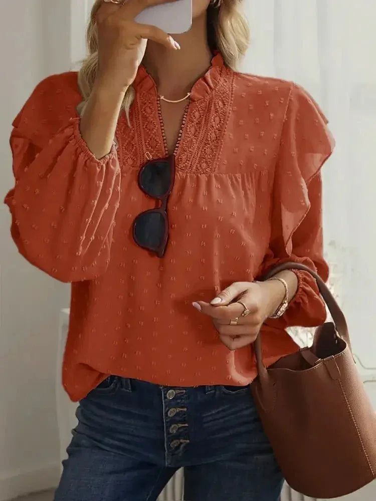 Swiss Dot Ruffled Long Sleeve Blouse - Update AvenueT-ShirtsTrendsi100101415701383100101415701383f8d2da53 - 9786 - 4604 - bae8 - 3dd6c6676dfb - MaxOrange - Red