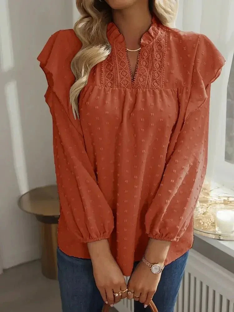 Swiss Dot Ruffled Long Sleeve Blouse - Update AvenueT-ShirtsTrendsi10010141570138310010141570138313f3360b - 161f - 4111 - 90e7 - d70021093b5d - MaxOrange - Red