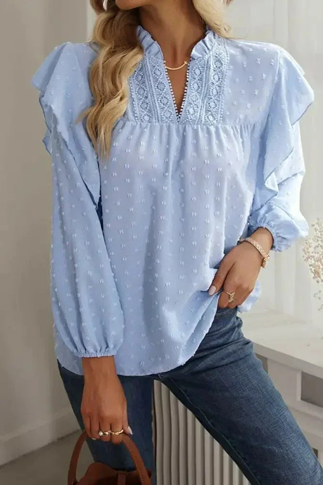 Swiss Dot Ruffled Long Sleeve Blouse - Update AvenueT-ShirtsTrendsi1001014157019851001014157019853e59327c563845efa88c6c8b158cd116 - MaxLight Blue