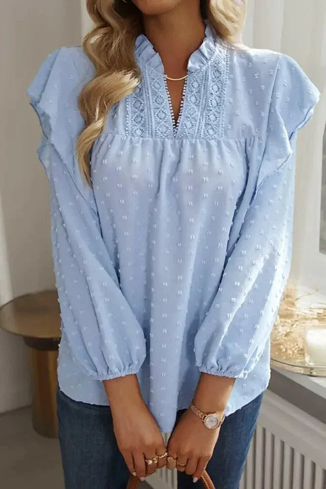 Swiss Dot Ruffled Long Sleeve Blouse - Update AvenueT-ShirtsTrendsi10010141570198510010141570198558a178facec6427b8dbffee72a0e10a8 - MaxLight Blue