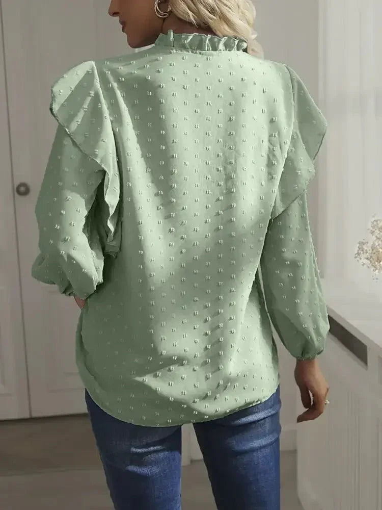 Swiss Dot Ruffled Long Sleeve Blouse - Update AvenueT-ShirtsTrendsi100101415705546100101415705546ac12ee82 - 1d19 - 47f3 - 9325 - 1b9e761d357f - MaxLight Green