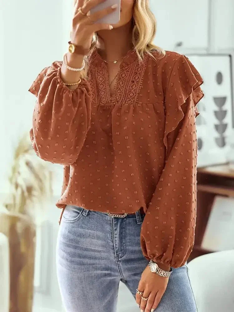 Swiss Dot Ruffled Long Sleeve Blouse - Update AvenueT-ShirtsTrendsi10010141570954010010141570954038879cee - 9041 - 44cc - b101 - 275d35c49a7f - MaxOchre