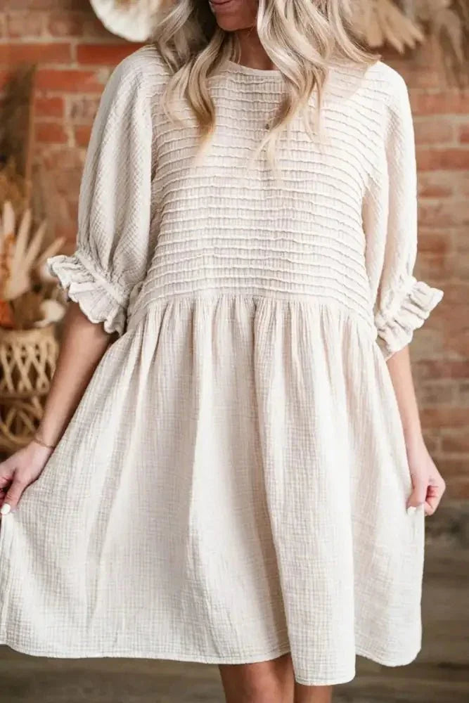 Textured Ruffled Puff Sleeve Loose Dress - Update AvenueEffortless Elegance: DressesTrendsi10010032580360710010032580360793cc687f - 9f0c - 49b3 - 8719 - d39b78a9da2e - Max - OriginBeige