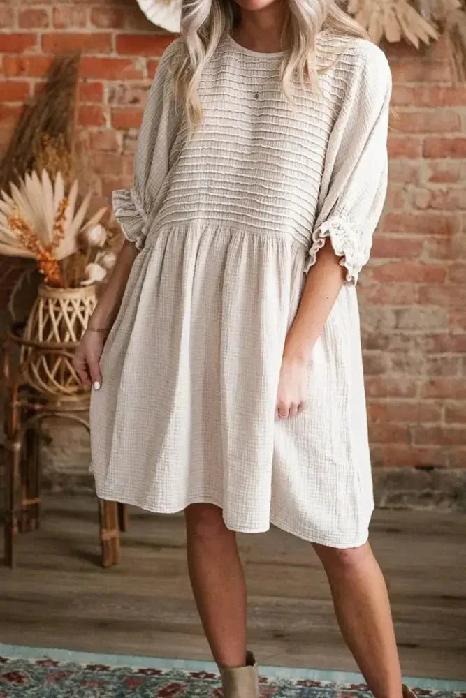 Textured Ruffled Puff Sleeve Loose Dress - Update AvenueEffortless Elegance: DressesTrendsi100100325803607100100325803607af938ffe - a72e - 40b9 - 9034 - 86d0e709e7f2 - Max - OriginBeige