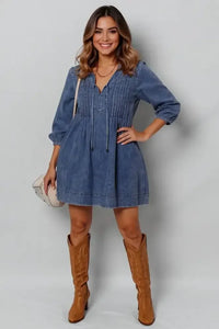 Tie Neck Long Sleeve Mini Denim Dress