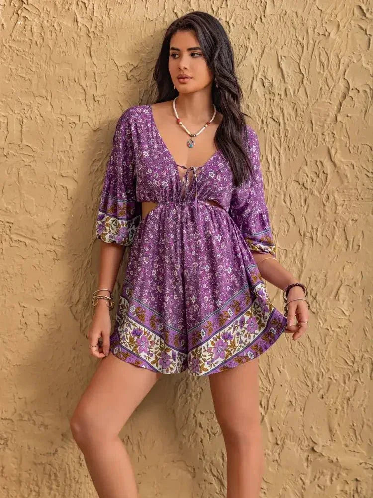 Tied Front Cutout Printed Romper - Update AvenueBoho VibesTrendsi100100585181394100100585181394c3562008 - 9e9c - 4675 - a34b - ce8bd1fdf899 - Max - OriginPurple