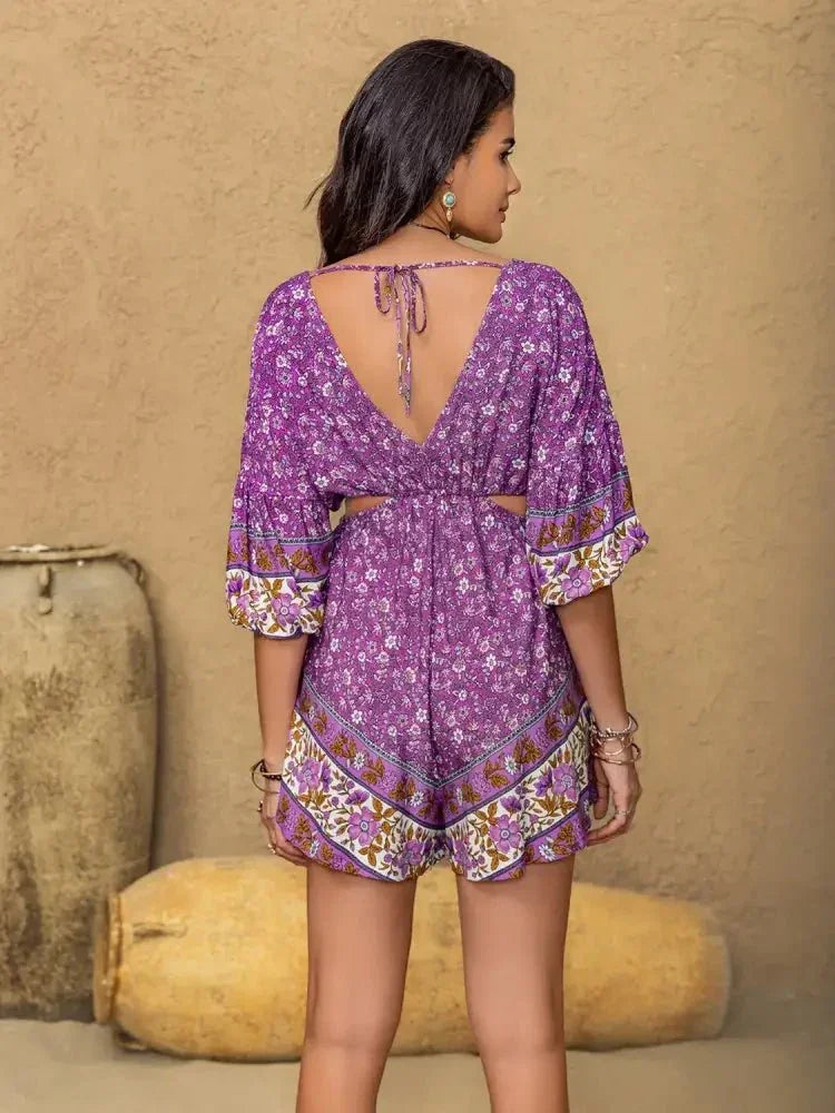Tied Front Cutout Printed Romper - Update AvenueBoho VibesTrendsi1001005851813941001005851813943a785e84 - 48a2 - 472a - 818e - a093b10fdd4a - Max - OriginPurple