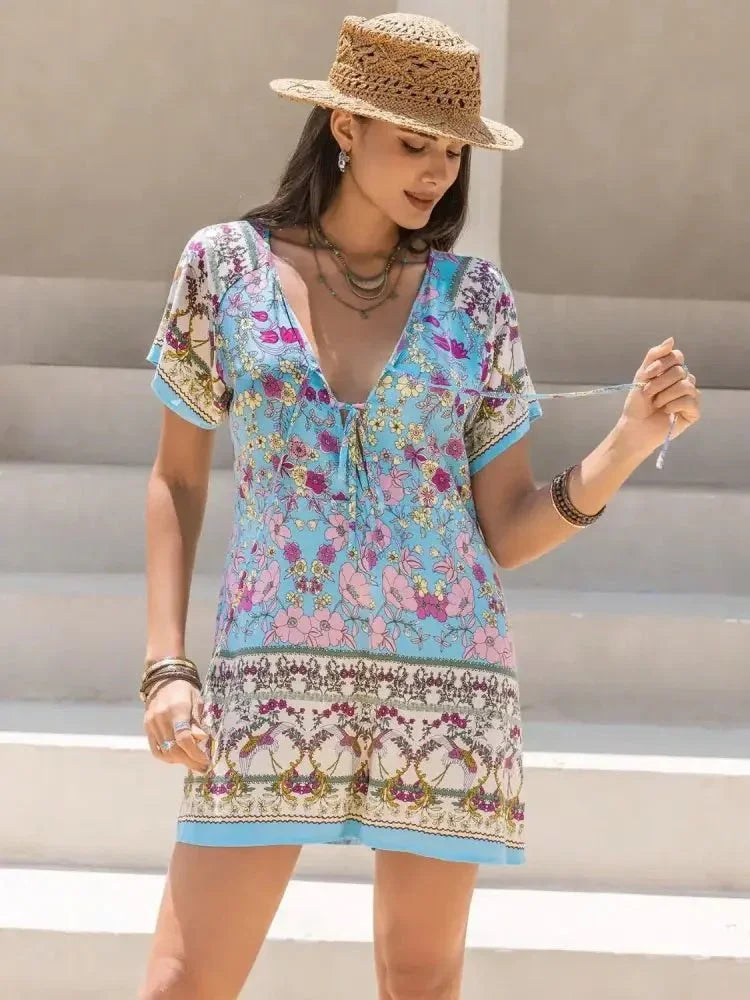 Tied Front Printed Short Sleeve Romper - Update AvenueBoho VibesTrendsi100100276731369100100276731369eb4109bf - 7861 - 42f1 - bf29 - ad621618130e - Max - OriginLight Blue