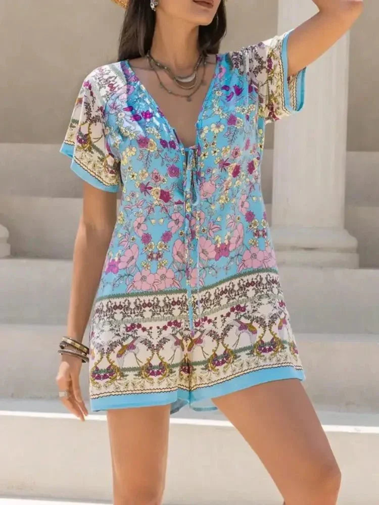 Tied Front Printed Short Sleeve Romper - Update AvenueBoho VibesTrendsi100100276731369100100276731369607c0758 - 7340 - 46a9 - 9495 - 86e872c96e63 - Max - OriginLight Blue