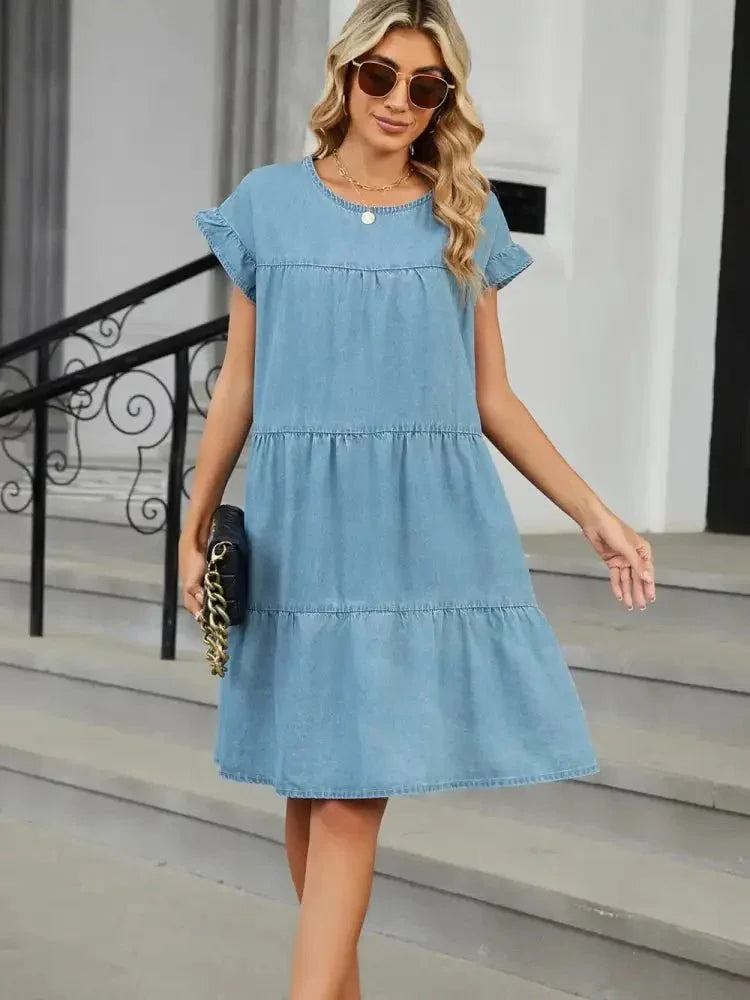 Tiered Round Neck Short Sleeve Denim Dress - Update AvenueDenim Dresses & SkirtsTrendsi100100210591517100100210591517641ca6e0 - 7ab9 - 411e - bd5b - 9e9e62b8de1d - MaxLight Blue