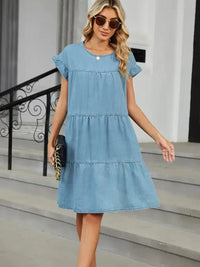 Tiered Round Neck Short Sleeve Denim Dress - Update AvenueDenim Dresses & SkirtsTrendsi100100210591517100100210591517641ca6e0 - 7ab9 - 411e - bd5b - 9e9e62b8de1d - MaxLight Blue
