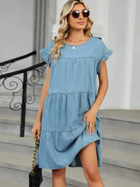 Tiered Round Neck Short Sleeve Denim Dress - Update AvenueDenim Dresses & SkirtsTrendsi1001002105915171001002105915175d9f0818 - c688 - 4fce - b346 - 6fe84c47d75b - MaxLight Blue