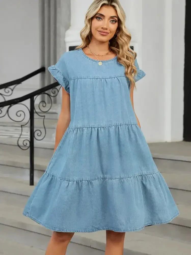 Tiered Round Neck Short Sleeve Denim Dress - Update AvenueDenim Dresses & SkirtsTrendsi1001002105915171001002105915171a667388 - 1cd5 - 4b10 - a010 - b4b57c7d6b27 - MaxLight Blue