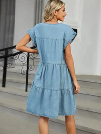 Tiered Round Neck Short Sleeve Denim Dress - Update AvenueDenim Dresses & SkirtsTrendsi100100210591517100100210591517b4903d11 - 22dc - 4b27 - 96cd - 196d3c28baed - MaxLight Blue