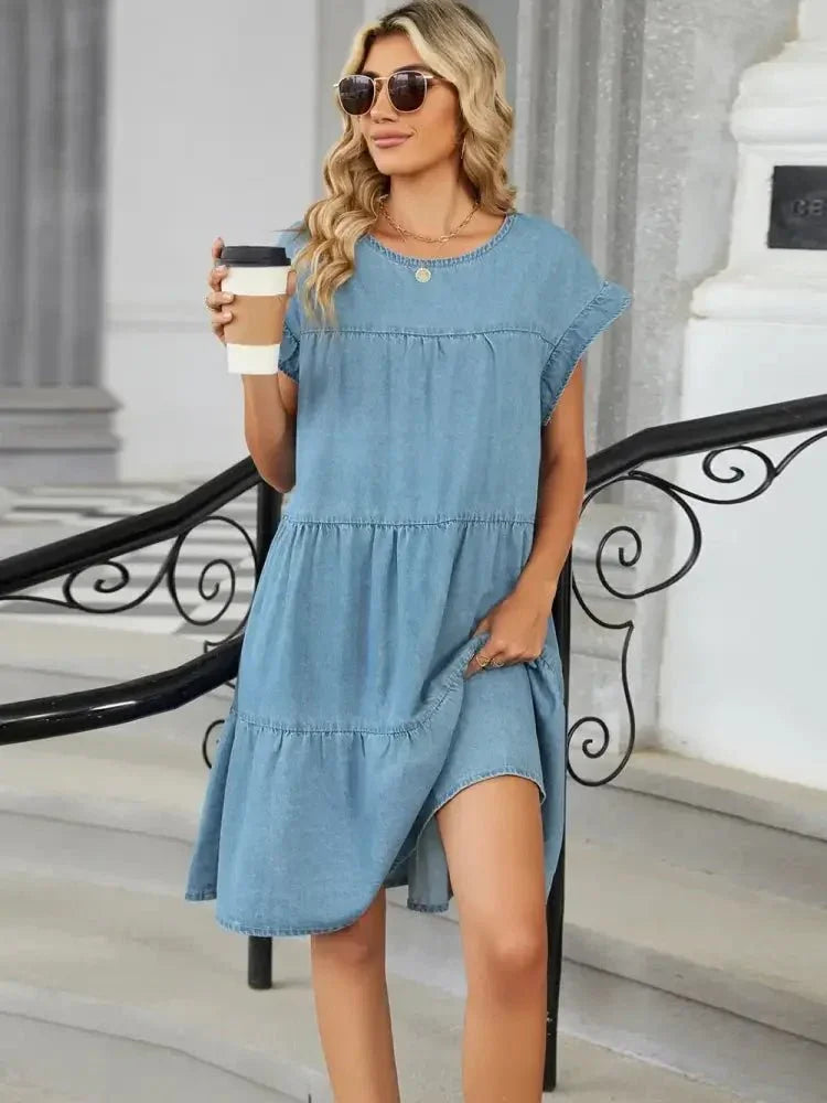 Tiered Round Neck Short Sleeve Denim Dress - Update AvenueDenim Dresses & SkirtsTrendsi10010021059151710010021059151765cc1412 - 949a - 4096 - b306 - daf8b8a74648 - MaxLight Blue