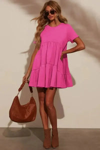 Tiered Round Neck Short Sleeve Mini Dress - Update AvenueVacation StyleTrendsi1001001959594981001001959594989dcb5cc1 - 8b87 - 45da - a5e6 - 381b09d5f93d - MaxHot Pink
