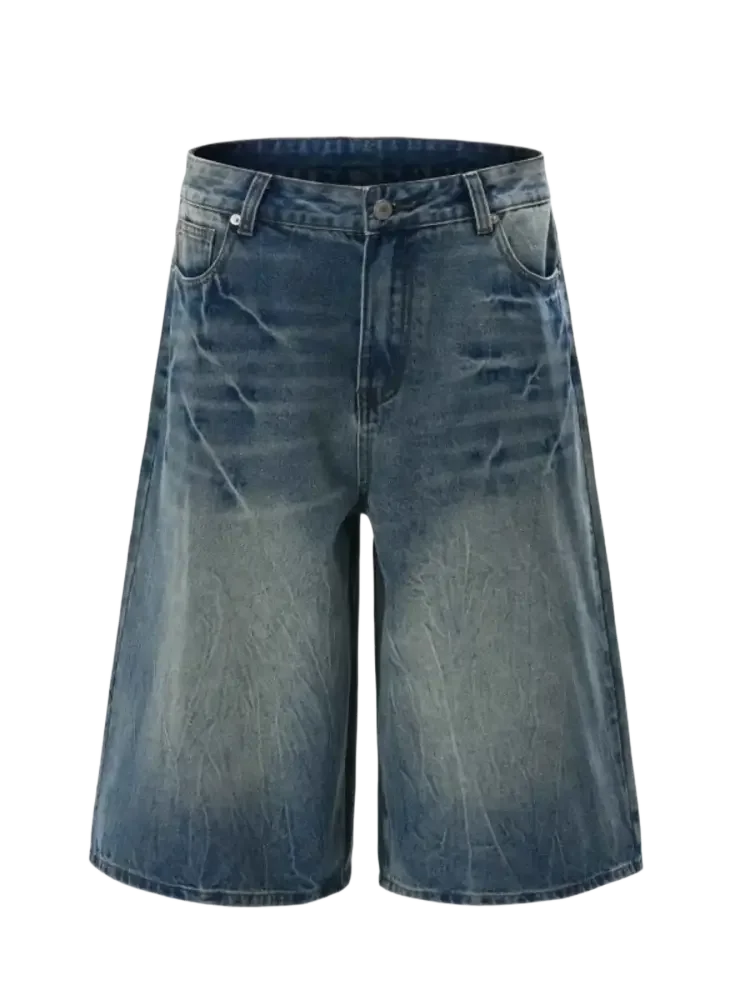 Trendsi men's relaxed fit denim shorts faded blue wash knee length with five pocket styling and distressed creases