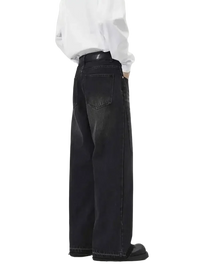 Loose-fit washed black wide leg jeans for men, plus size trendy leg jeans