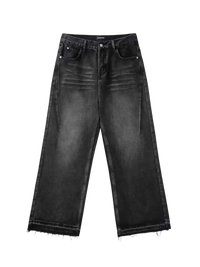Distressed dark wash wide leg jeans with raw hems from Trendsi men’s wide leg jeans collection