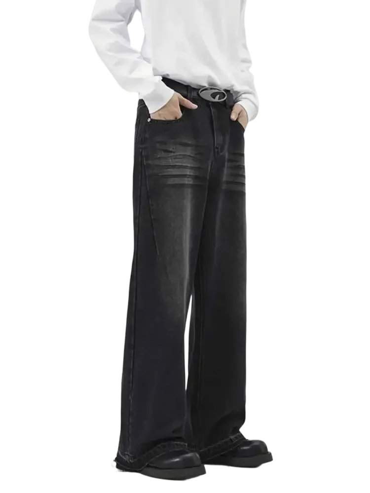 Men’s loose-fitting faded black wide leg jeans with distressed details for plus size fashion