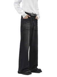 Men’s loose-fitting faded black wide leg jeans with distressed details for plus size fashion