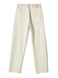 Cream-colored wide leg jeans with back pockets and brand patch for men’s relaxed style